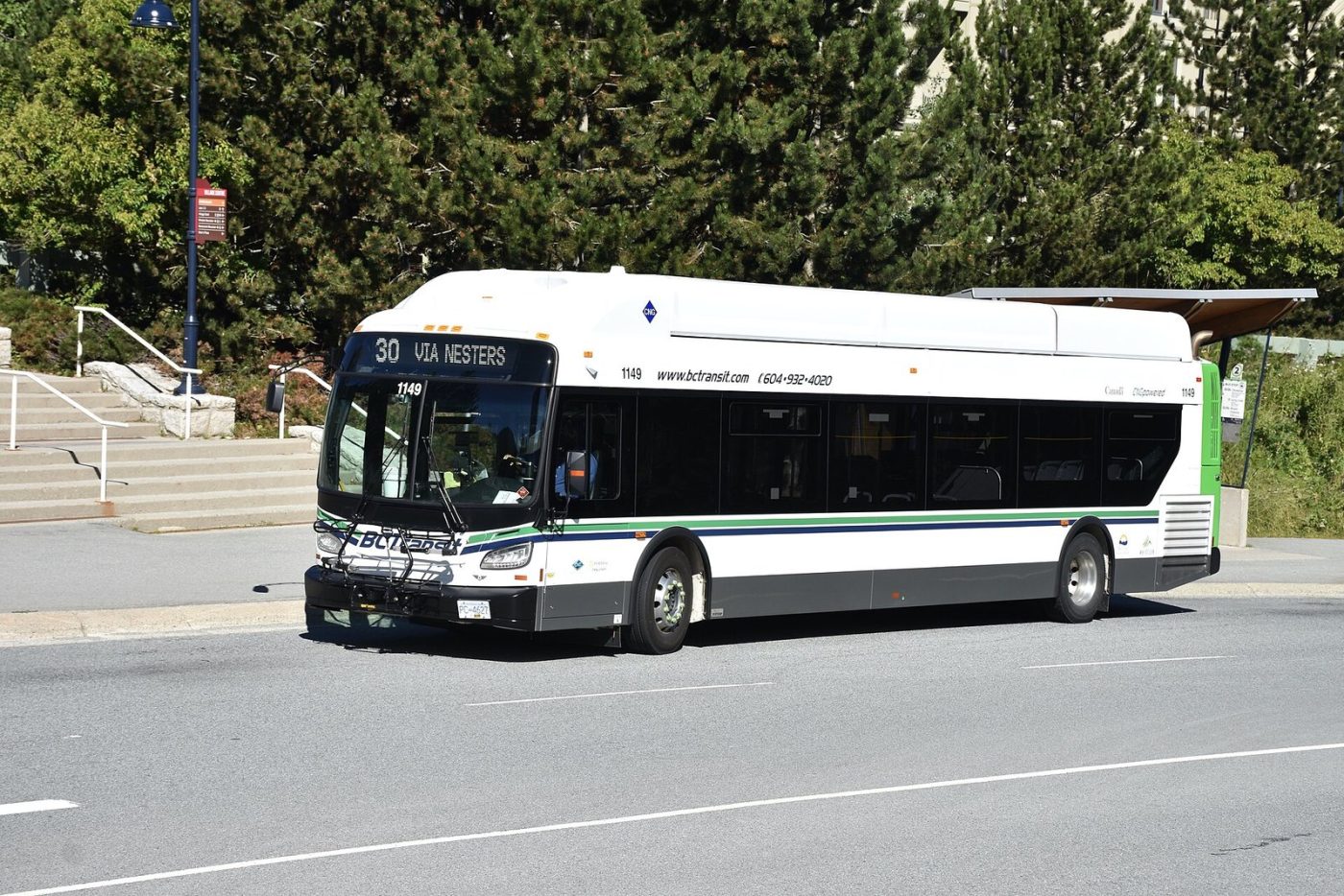 A BC Transit bus on Whistler Transit route 30 at the Gondola Transit Exchange in Whistler Village