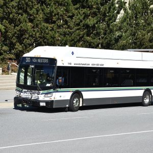 A BC Transit bus on Whistler Transit route 30 at the Gondola Transit Exchange in Whistler Village