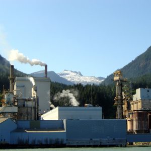 The Woodfibre pulp mill on the shore of Howe Sound in July 2005; Woodfibre LNG is being built on the former mill site