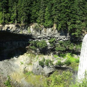 Brandywine Falls pouring over a dark basalt lip into the canyon, framed by forest and seen from the rim