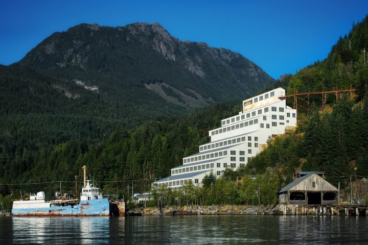 The stepped white Mill No. 3 at Britannia Beach climbing the hillside above Howe Sound