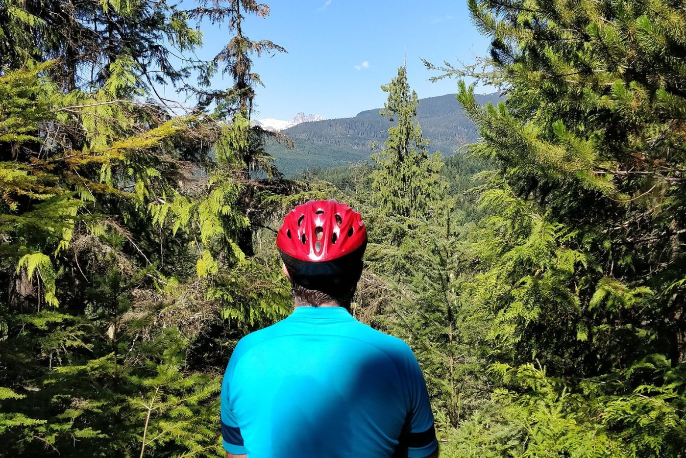 A cyclist in a red helmet, seen from behind, resting on a rock beside the Sea to Sky Trail and looking out over forested mountains