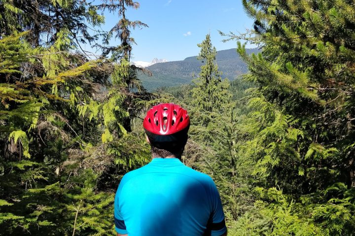 A cyclist in a red helmet, seen from behind, resting on a rock beside the Sea to Sky Trail and looking out over forested mountains