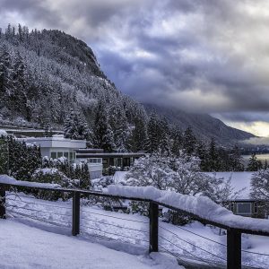 Fresh snow on trees, railings and rooftops on the shore of Howe Sound under heavy winter cloud
