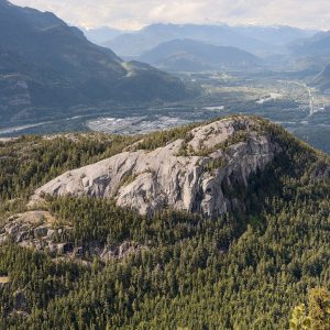 The granite dome of the Stawamus Chief rising out of the forest above Squamish, seen from the Sea to Sky Gondola's Chief Overlook
